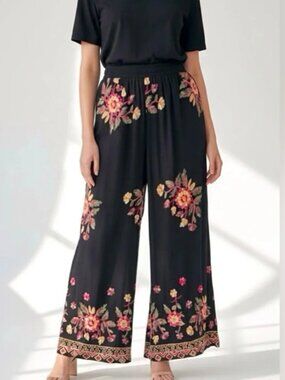 Liv Los Angeles Anthropologie Black Wide Leg Palazzo Floral Embroidery Pants 1X